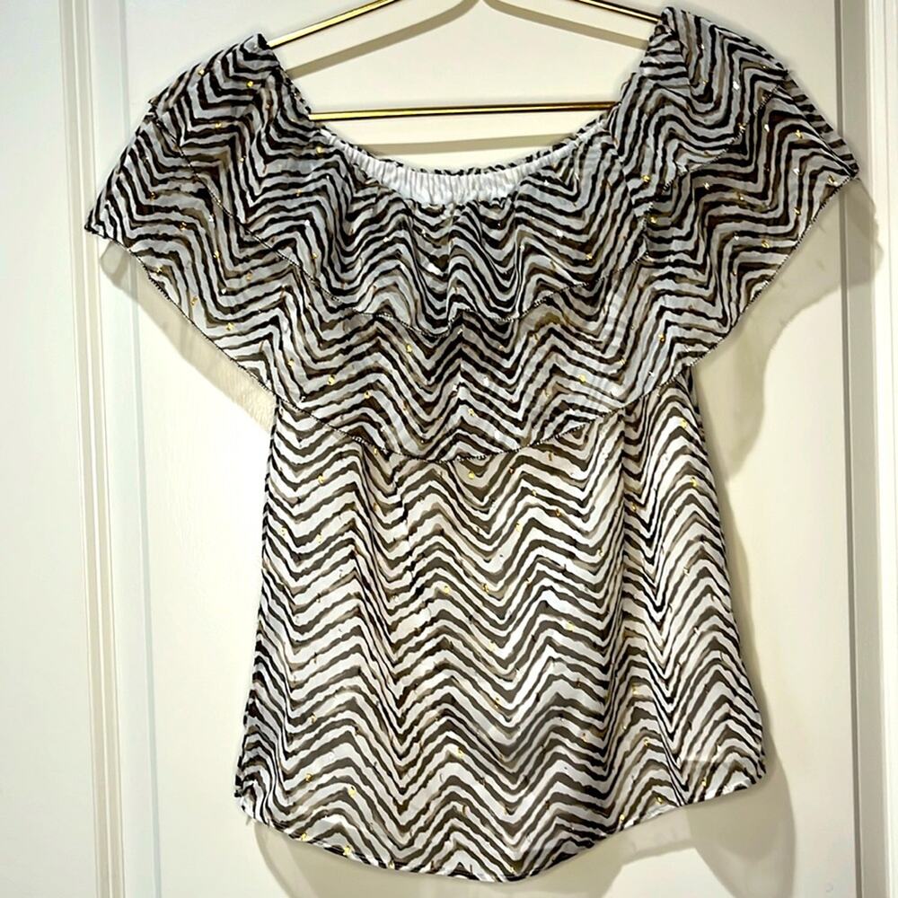 WHBM OFF SHOULDER ZEBRA PRINT SPARKLE LAYERED RUFFLE SLEEVELESS  BLOUSE  Sz XS